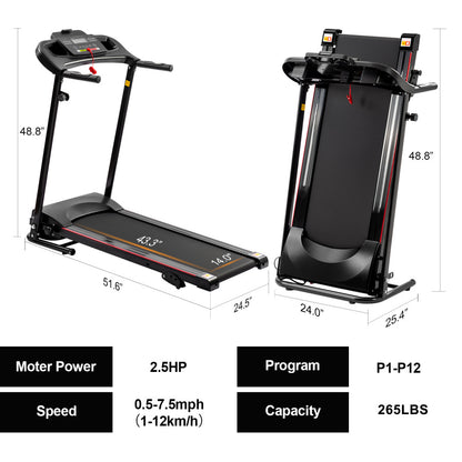 Folding Treadmill with Incline 2.5HP 12KM/H Electric Treadmill for Home Foldable, Bluetooth Music Cup Holder Heart Rate Sensor Walking Running Machine for Indoor Home Gym Exercise Fitness